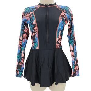 Zando Womans size M Floral Long Sleeve Zip Front One Piece Swimdress Black NWOT